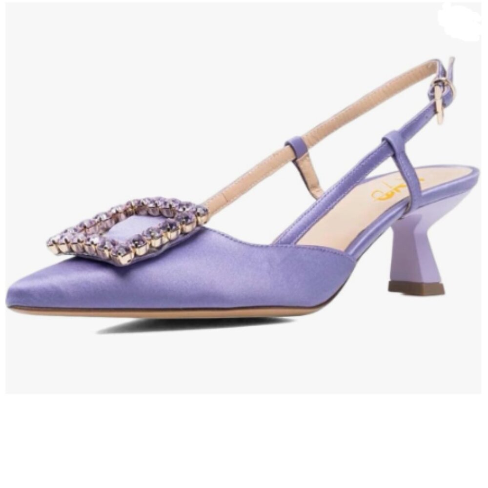 XYD Lilac Pointy Toe Pumps Square Rhinestone Buckle Slingback Evening Pumps